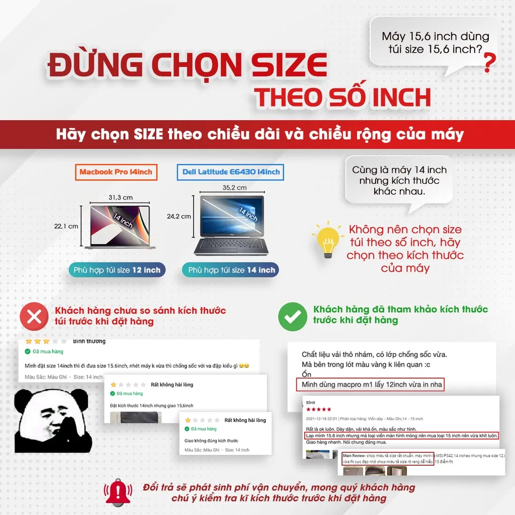 Lưu ý: chọn Size theo chiều dài và chiều rộng của laptop. Tham khảo hướng dẫn chọn Size trong nội dung mô tả sản phẩm.